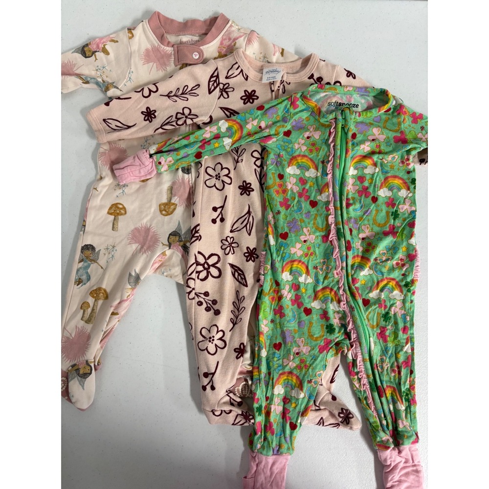 Burt's Bees Little Threads Softsnooze Baby Sleepers 3-6M Fairy Rainbow Bundle